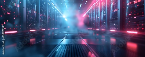 Futuristic cloud computing servers and blinking lights in a dark digital data center