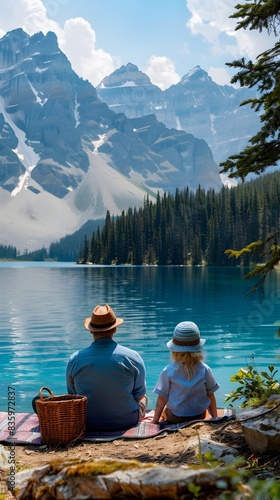 Couple Enjoying Picnic by Picturesque Mountain Lake in Canadian Rockies Scenic Landscape