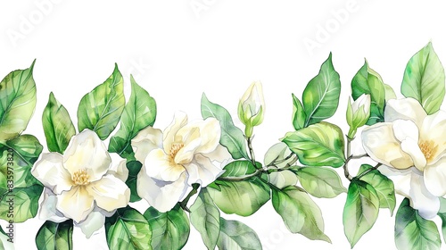 Gardenia, watercolor floral border, watercolor illustration, isolate on white background,