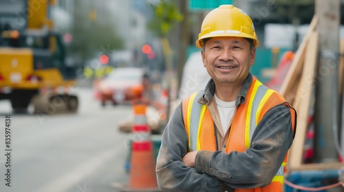 Middle-Aged Central Asian Man Smiling in Construction Gear, Urban Roadwork, Safety, Industrial Setting