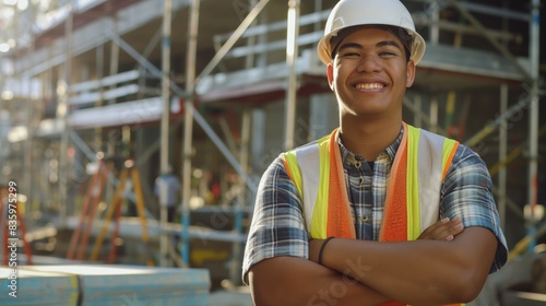 Young Male Construction Worker Smiling at Construction Site, Pacific Islander Appearance, Teamwork, Construction Project