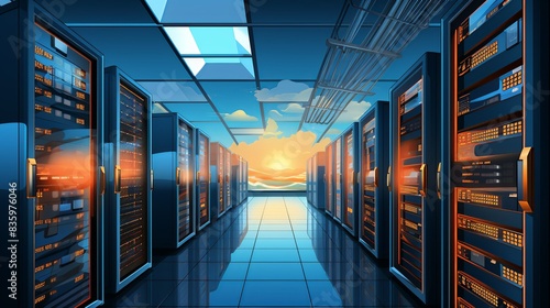 A panoramic view of a data center filled with rows of servers humming with activity, illustrating the backbone of digital infrastructure. Painting Illustration style, Minimal and Simple,