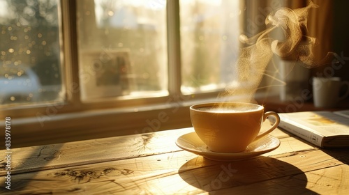 A steaming cup of coffee on a wooden table by the window, sunlight streaming in, with a book beside it.