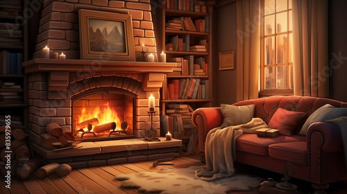 A cozy living room scene with a family gathered around a fireplace, sharing stories and warmth on a winter evening. Painting Illustration style, Minimal and Simple,