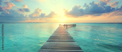 The photo shows the beautiful scenery of a dock extending into the calm sea under the bright sky with white clouds.