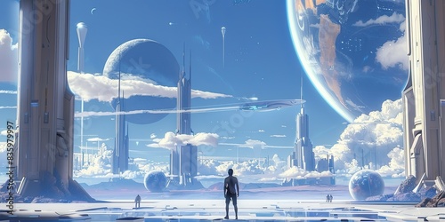 a image of a man standing in a sci - fi environment with a view of a planet