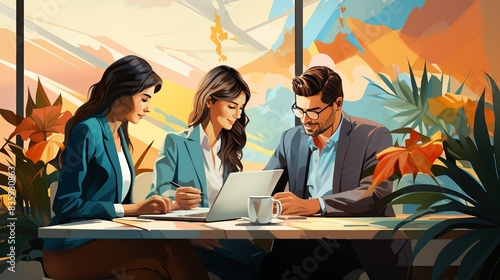 A group of coworkers collaborating in a modern office space, brainstorming ideas and working towards common goals. Painting Illustration style, Minimal and Simple,