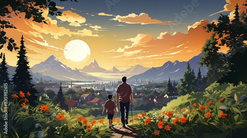 A father teaching his son how to ride a bike in a quiet suburban neighborhood, filled with pride and encouragement. Painting Illustration style, Minimal and Simple,