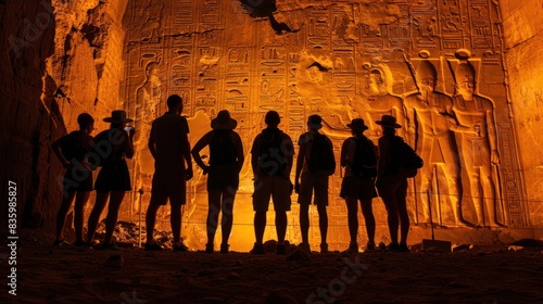 Group of archeologists standing in front of ancient relief wall