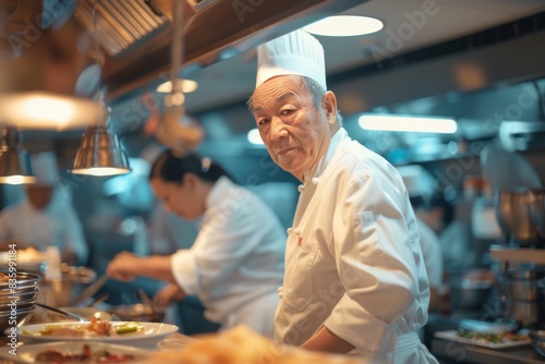 A senior chef stands in a busy restaurant kitchen, supervising his team while preparing food