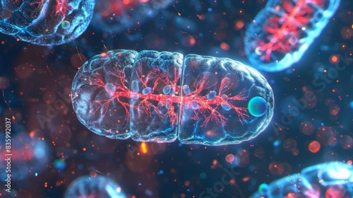 Detailed microscopic view of mitochondria within a cell environment, perfect for medical research documentation, highlighting the complexities of cellular components