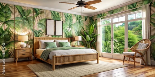 Tropical-themed bedroom with bamboo furniture, palm leaf wallpaper, and ceiling fan , tropical, bedroom, palm leaves, wallpaper, bamboo, furniture, ceiling fan, decor, tropical paradise