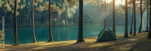 A tranquil lakeside campsite, surrounded by nature's beauty under the morning sunlight.