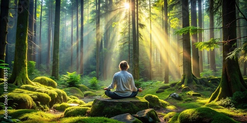 Tranquil forest scene with a person meditating, embodying inner peace and psychological safety amidst nature , meditation, inner peace, tranquility, forest, connection, mindfulness