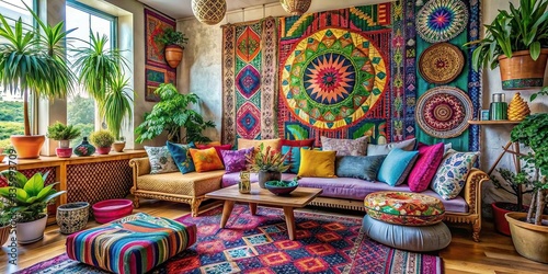 Boho home decor with vibrant colors and intricate patterns , bohemian, home decor, interior design, cozy, eclectic, boho chic, hippie, vintage, artistic, ethnic, handmade, textiles, plants