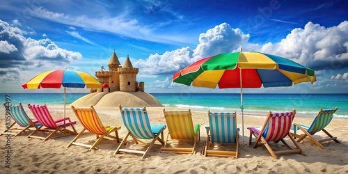 Beach scene with colorful umbrellas, beach chairs, and sandcastle, summer, beach party, ocean, sand, sunny, vacation, relaxation, paradise, tropical, leisure, umbrella, chairs, sandcastle