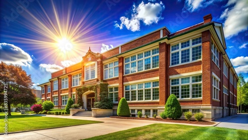 Sunny day exterior view of public school building , education, architecture, community, school, sunny, day, building, exterior, public, windows, door, entrance, trees, playground, grass