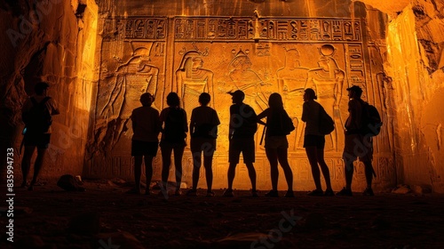 Group of archeologists standing in front of ancient relief wall