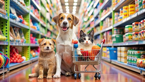 Funny dog and cat shopping in a pet toy store, with a puppy sitting amongst toys in the supermarket, pet toy store, cute animals, funny dog, cat, grocery shopping, supermarket, pet food