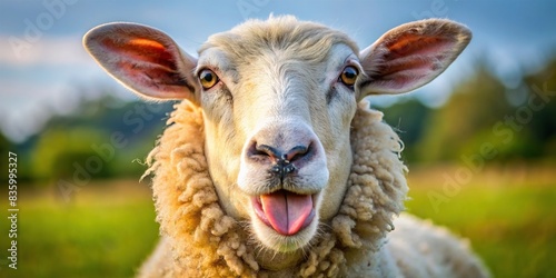 Funny sheep sticking out its tongue, sheep, funny, humor, animal, livestock, farm, cute, adorable, tongue, fluffy, woolly, mischievous, portrait, comedy, silly, barnyard, playful, young