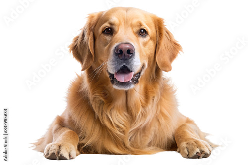 Golden Retriever dog laying down and looking at the camera with a happy expression, isolated on a white background.