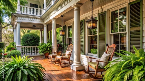 Cozy porch of a traditional southern home with rocking chairs and hanging ferns , southern, home, porch, cozy, traditional, rocking chairs, hanging ferns, relaxation, comfort, peaceful