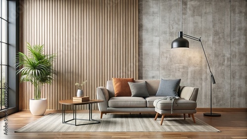 Modern living room with textured empty wall in neutral tones. Japandi interior design with black minimalist lamp, gray armchair and coffee table, modern, living room, textured, wall