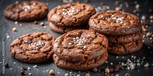 Rich double chocolate cookies sprinkled with salt flakes on a dark background , chocolate, cookies, dessert, sweet, baking, homemade, decadent, indulgent, treat, cocoa, dark chocolate, salty