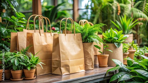 Environmentally conscious shopping with reusable brown paper bags amid lush green plants , eco-friendly, sustainable, shopping, reusable bags, brown paper bags, environmentally conscious