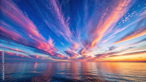 Pink-tinted cirrus clouds at dusk above a serene blue ocean , pink, cirrus clouds, dusk, serene, blue ocean, tranquil, peaceful, nature, scenic, beautiful, sky, water, reflection, calm