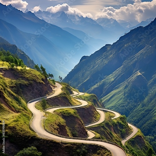 Winding road in the mountains at sunset. Beautiful nature landscape.