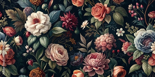Dark floral wallpaper with vintage botanical print and moody hues, featuring lush blooms , vintage, dark, floral, wallpaper, botanical, print, moody, lush, blooms, vintage aesthetic