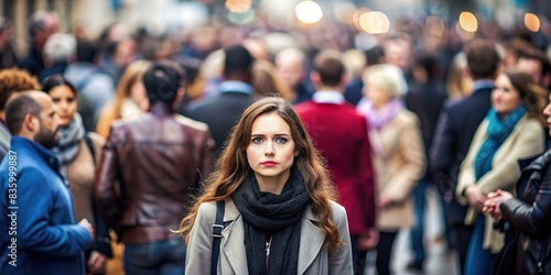 Lonely woman standing in a crowd with blurred faces in background, loneliness, isolation, social anxiety, introvert, solitude, outsider, alone, individuality, introspection