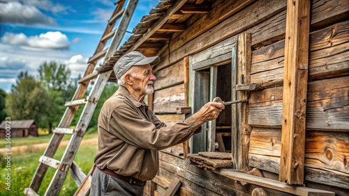 Old soviet man repairing wooden house in underdeveloped village , village, Soviet, man, repair, wooden house, underdeveloped, elderly, maintenance, rural, poverty, traditional