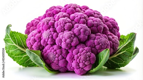 Vibrant purple cauliflower with green leaves on a crisp white background, purple, cauliflower, green leaves, white background, fresh, organic, produce, vibrant, colorful, vegetable, healthy