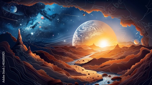 A painting of a planet with a river running through it