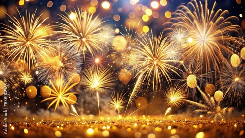 Silvester celebration with fireworks on dark night background and golden bokeh, Silvester, New year eve, celebration, fireworks, dark night, golden shining bokeh, banner, greeting card