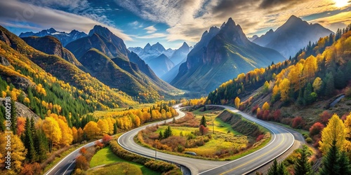 Scenic landscape with winding road through majestic mountains , Adventure, journey, exploration, wanderlust, travel, destination, road trip, discovery, scenic, nature, mountains, driving