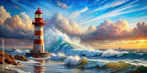 Watercolor red and white lighthouse in the ocean with great waves and blue sky , ocean, watercolor, lighthouse, red, white, waves, storm, blue sky, painting, canvas, original, art