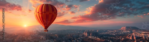 Hot air balloon soaring over Cappadocia at stunning sunrise panoramic view of travel adventure