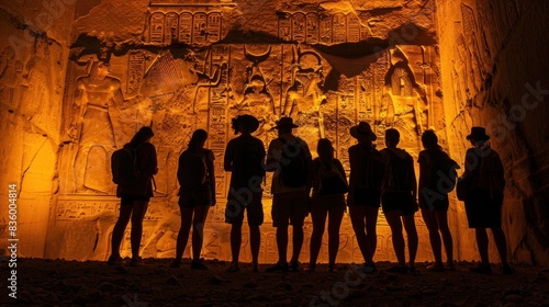 Group of archeologists standing in front of ancient relief wall