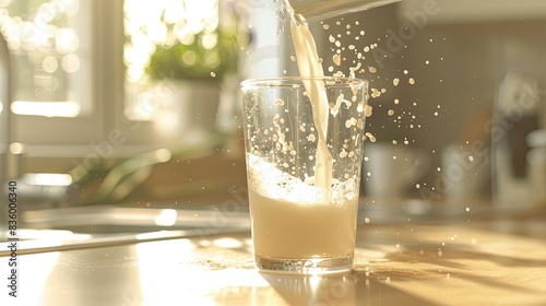 Milk being poured into a clear glass on a kitchen counter with a sunny window in the background.