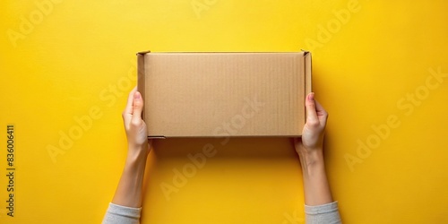 Top view of woman's hands holding empty brown cardboard box on yellow background, woman, hands, cardboard box, open, empty, brown, top view, yellow background, packaging, delivery, shipment