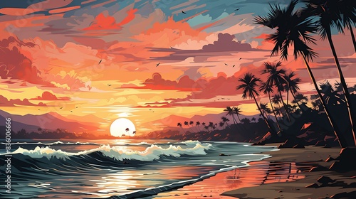 A tranquil beach at sunset, with palm trees silhouetted against the colorful sky and gentle waves lapping at the shore. Painting Illustration style, Minimal and Simple,