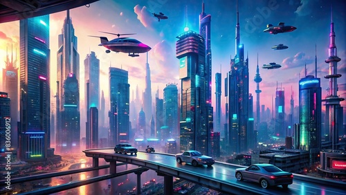 Futuristic cityscape with holographic billboards and flying cars in cyberpunk colors, cyberpunk, futuristic, cityscape, holographic, billboards, flying cars, high-tech, urban, environment