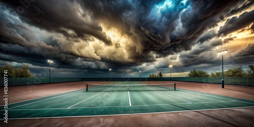 Dark and dramatic image of a tennis court under stormy clouds , tennis, court, dark, sky, clouds, dramatic, weather, sports, outdoor, competition, empty, ominous, atmosphere, moody, intensity