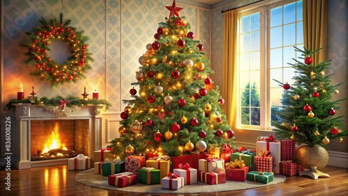 A beautifully decorated Christmas tree surrounded by colorful presents underneath , holiday, festive, decorations, gifts, ornaments, traditional, celebration, winter, season, December