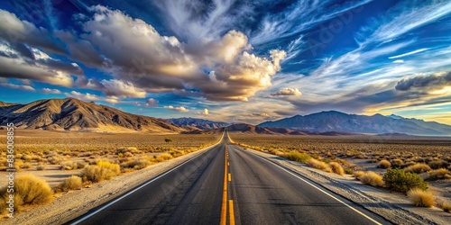 Panoramic view of a lonely desert road in Southern California, desert, road, endless, vast, panoramic, landscape, solitude, remote, arid, dry, barren, empty, wilderness, scenic, nature