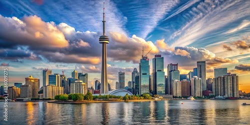 Beautiful cityscape of Toronto with iconic CN Tower standing tall in the skyline , Toronto, Canada, architecture, skyline, buildings, urban, cityscape, skyscrapers, skyline, modern