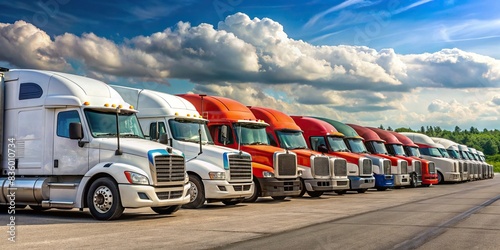 A row of parked semi trucks in a lot, trucks, transportation, logistics, delivery, fleet, vehicles, commercial, industry, freight, haulage, cargo, parked, depot, warehouse, distribution